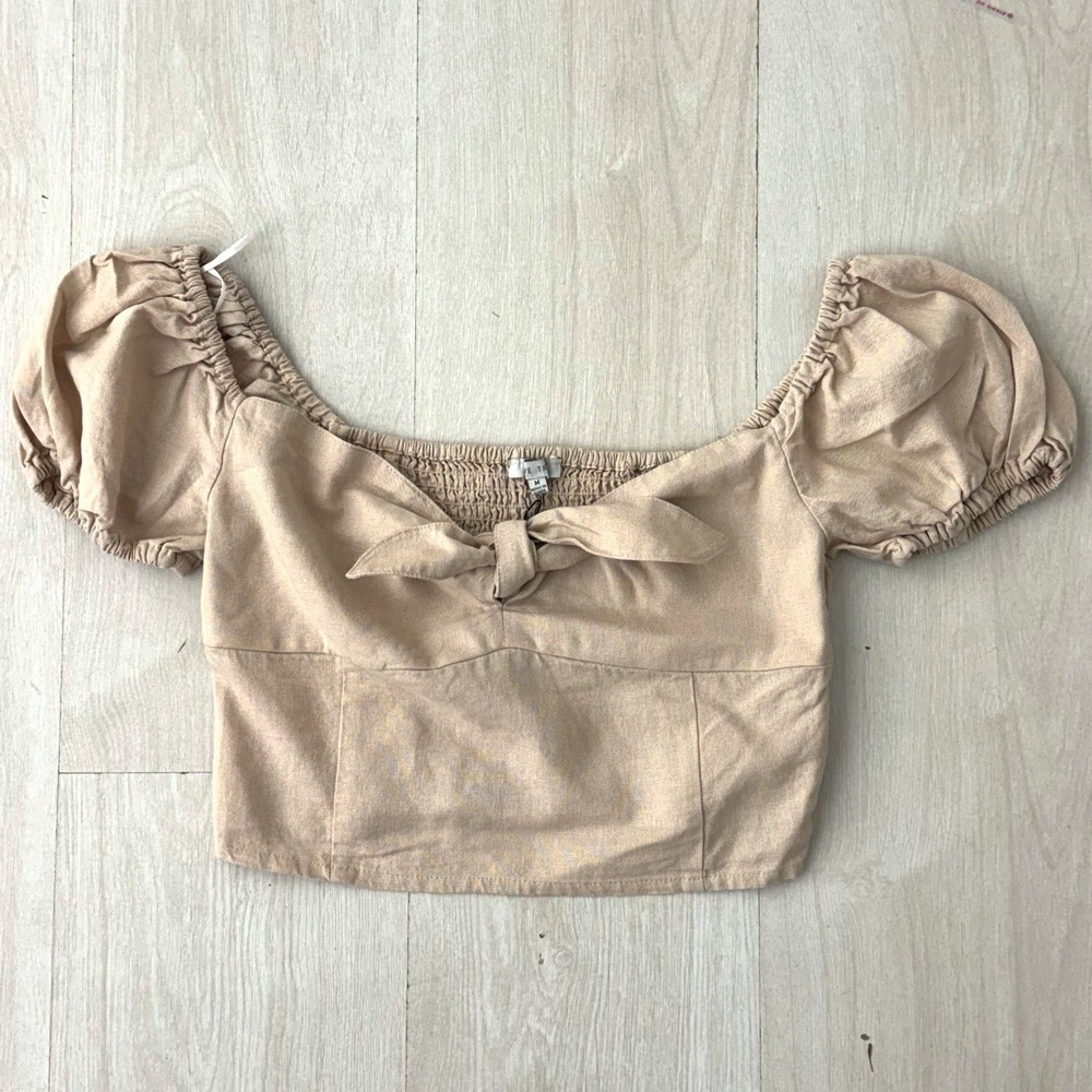 Love Tree Tan Linen Blend Puff Sleeve Tie Front Smocked Crop Top Womens Medium